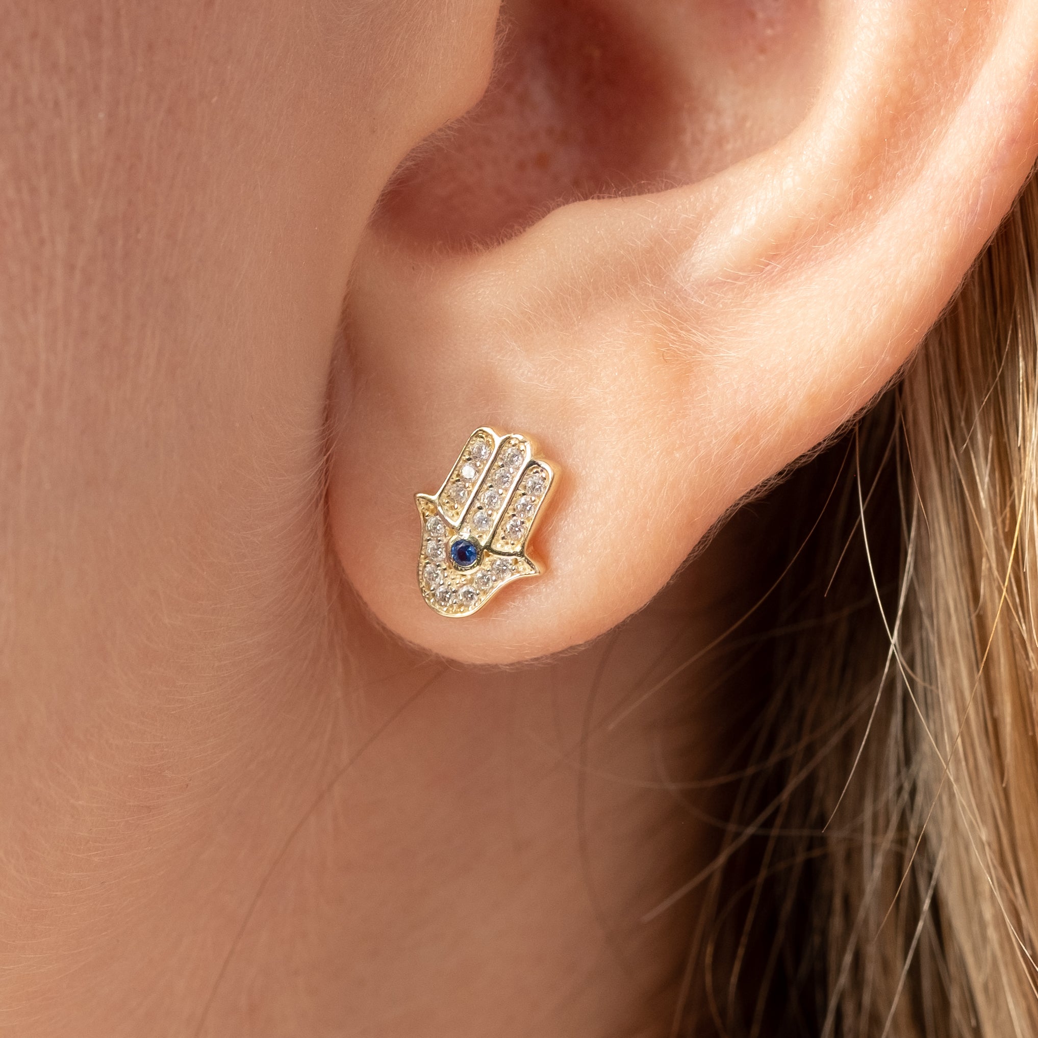 14K GOLD PAVÉ CRYSTAL HAMSA STUDS BLUE