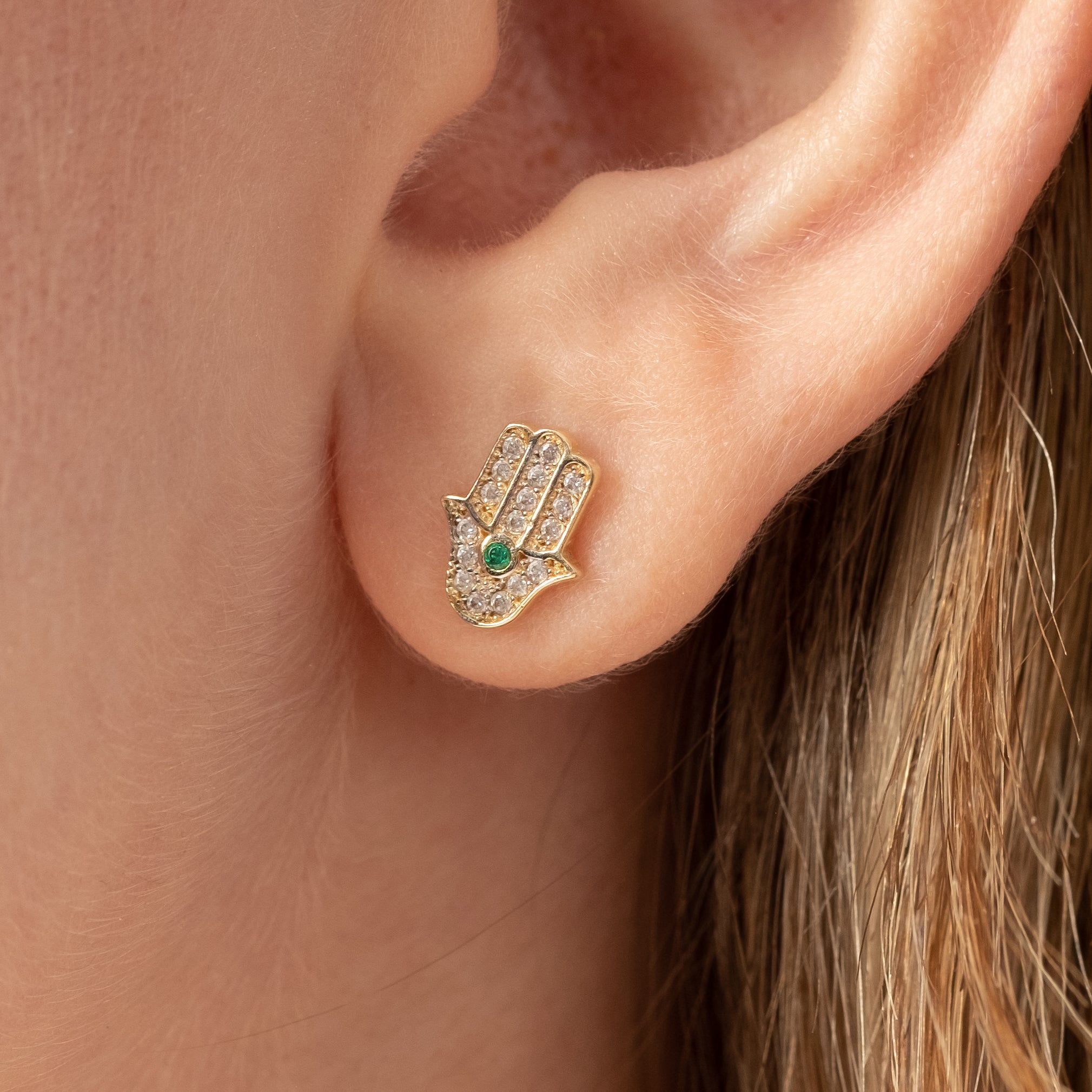 14K GOLD PAVÉ CRYSTAL HAMSA STUDS GREEN