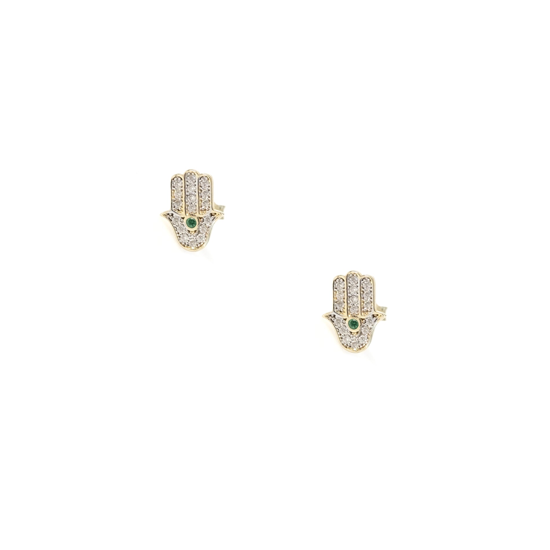 14K GOLD PAVÉ CRYSTAL HAMSA STUDS GREEN