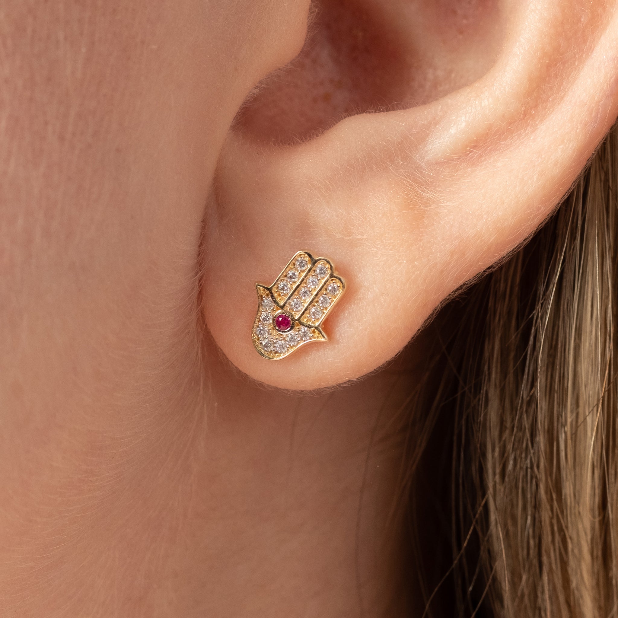 14K GOLD PAVÉ CRYSTAL HAMSA STUDS PINK