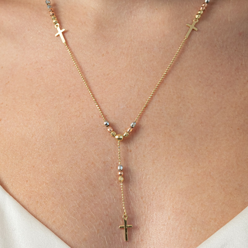 14K TRI-GOLD BEAD CROSS LARIAT