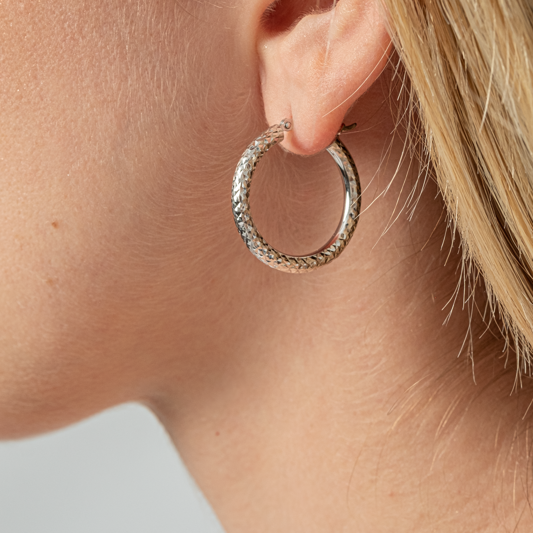 14K WHITE GOLD DIAMOND CUT HOOPS
