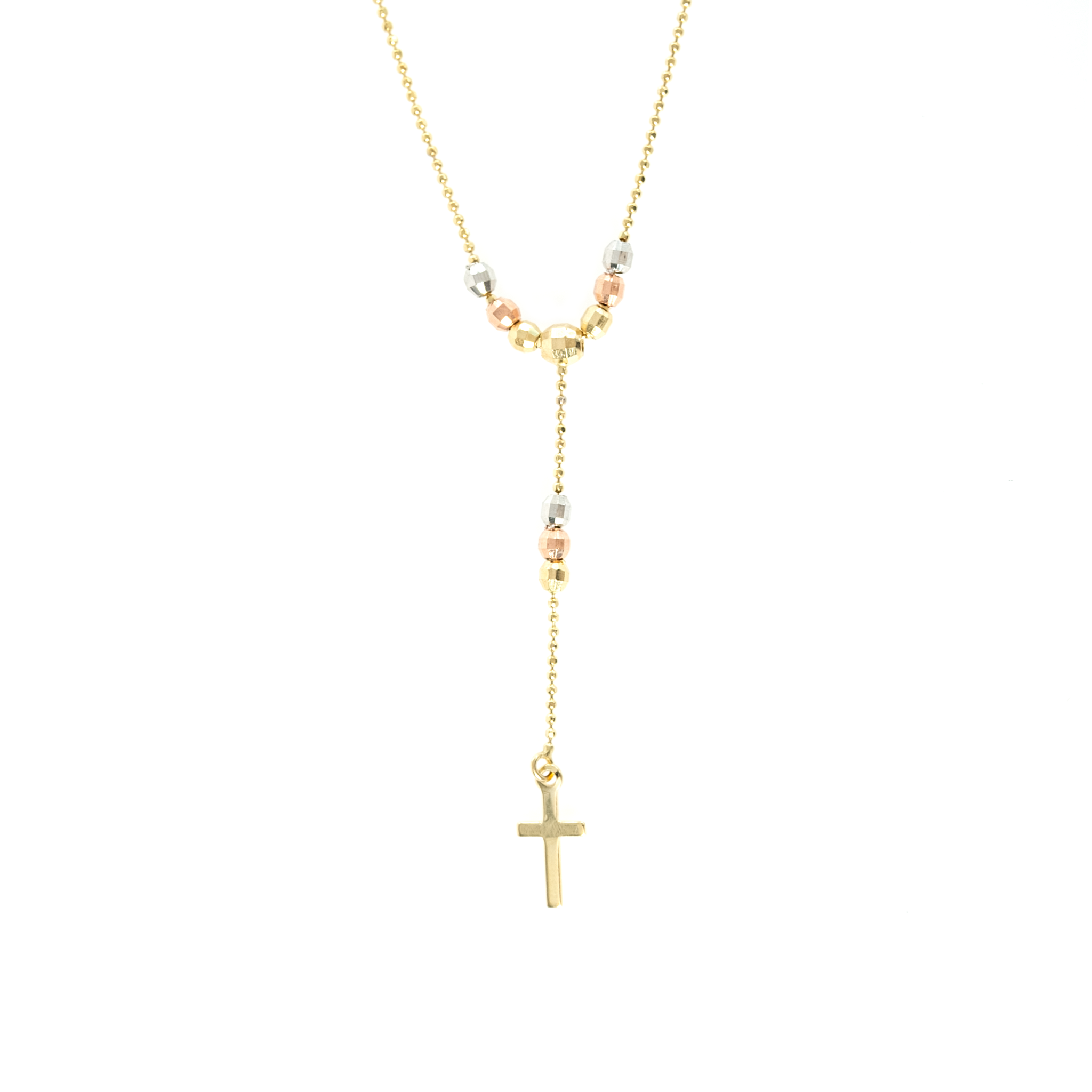 14K TRI-GOLD BEAD CROSS LARIAT