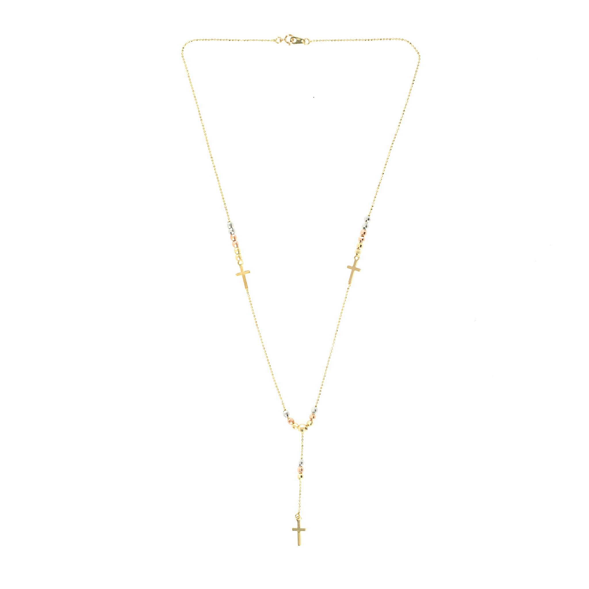 14K TRI-GOLD BEAD CROSS LARIAT