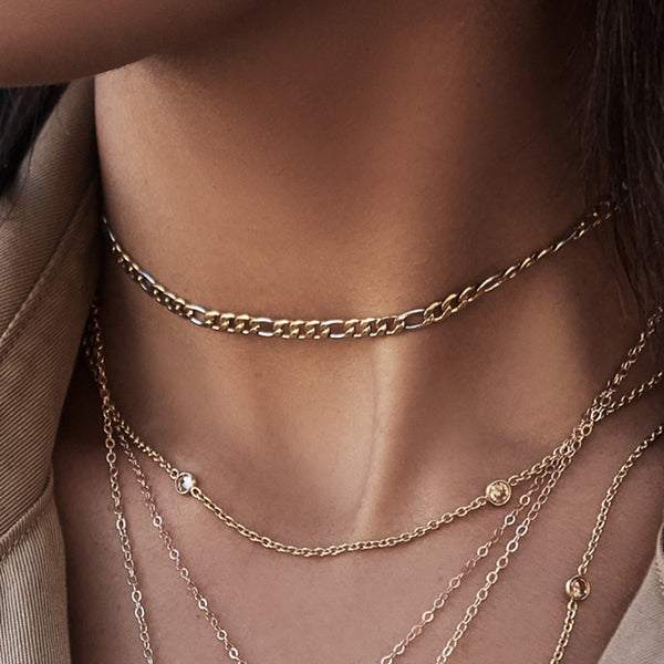 GOLD AND SILVER FIGARO-CHAIN CHOKER