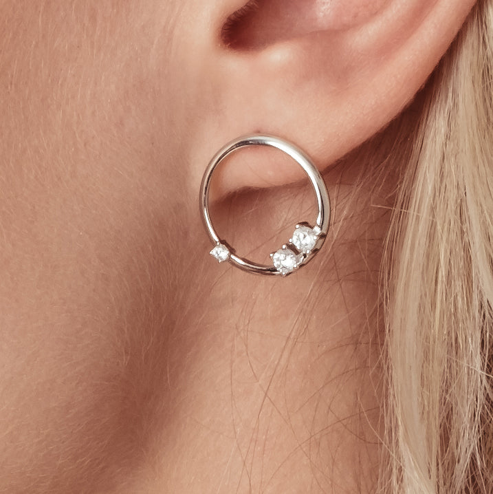 FLOATING CRYSTAL CIRCLE STUDS IN SILVER