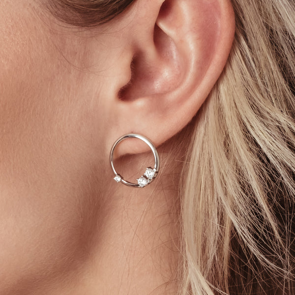 FLOATING CRYSTAL CIRCLE STUDS IN SILVER